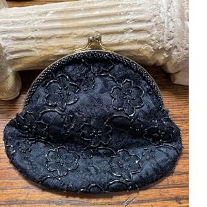 Black Beaded Lace Evening Clutch Purse with Gold Tone Frame and Chain Romantic
